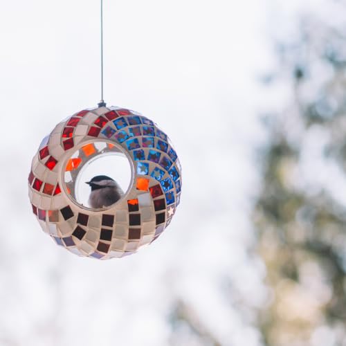 Backyard Expressions Hanging Glass Bird Feeder - Patriotic - Fly Through Bird Feeders for Outside, Mosaic Bird Feeder, Round Shape Wild Birdfeeder - color: Red, White & Blue
