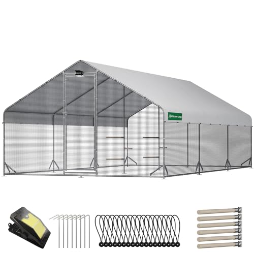 CHIKENCOOP 19.5x9.8x6.5ft Metal Chicken Coop, 3-Room Run, Hardware Cloth | Three-room walk-in run with hardware cloth, full-top waterproof UV-resistant cover, 3-mode solar light, and center perches - size: 234.0"L x 118.0"W x 78.0"H