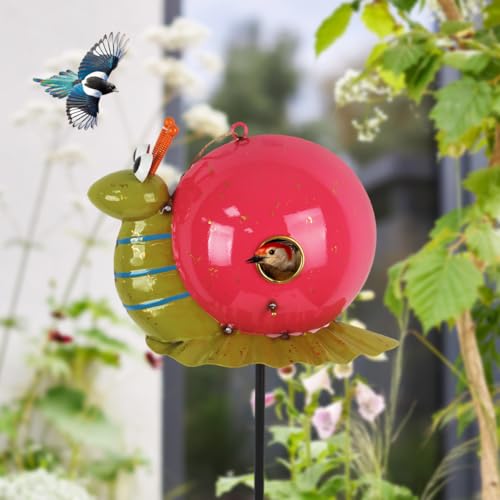 37" Bird Houses for Outside, Outdoor Metal Snail Birdhouse with Hanging String & Poles for Patio, Yard, Garden - style: Snail