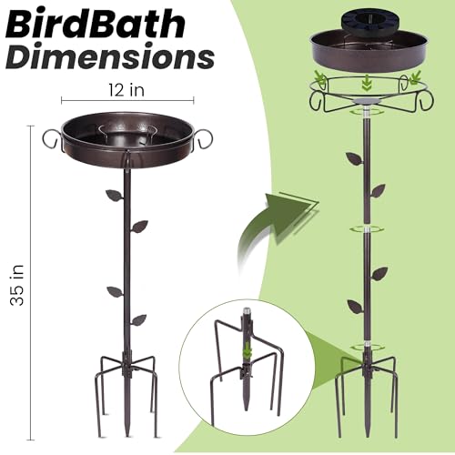35 Inch Metal Bird Bath with Solar Fountain and 5-Prong Base | Bathing and Feeding Station, Freestanding Design, Attracts Wild Birds to Patios, Lawns and Gardens - size: bird bath with fountain