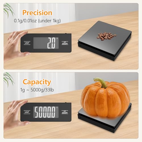 Wireless Detachable Display Digital Food Scale, 11lb/5kg, Solid Black 1g Precise Weighing, Tare & Backlit LCD, 304 Stainless Steel Surface, Ideal for Coffee Brewing, Baking & Daily Meal prep - color: Black