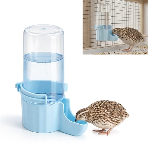 Quail Chick Waterer with Anti-Drowning Shallow Tray, 16.6 fl oz Automatic Gravity Button Quail Waterer, Hanging or Free-Standing Bird Water Dispenser for Wire Mesh Cages and Brooders (Blue) - color: Blue