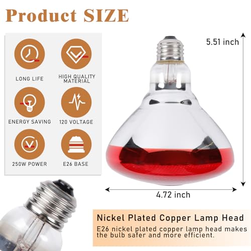 250W Red Heat Lamp Bulbs for Chicken,Infrared Flood Light Heat Lamp Bulb, Incandescent Light Heat Lamps for Chicks, Reptile, Pets, Par38 Glass E26 Base - size: Par38 250W 1PCS