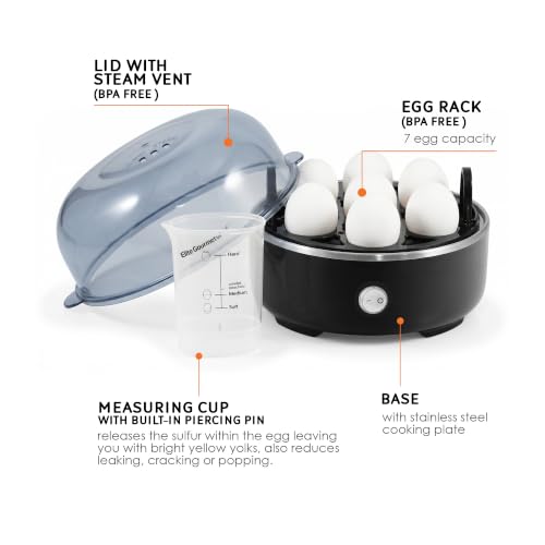 Elite Gourmet EGC115B Easy Egg Cooker, 7-Egg, BPA-Free, Classic Black | Cooks soft, medium, or hard-boiled eggs with auto shut-off - electric operation - includes measuring cup - color: Classic Black, size: 7 Egg
