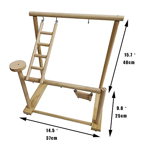 Parrots Playground, Bird Play Gym Wood Perch Stand Colours Revolving Climb Ladders Swing Chewing Toys with Parakeet Feeding Cups Exercise Activity Center for Conure Cockatiel Lovebirds(Include a Tray)