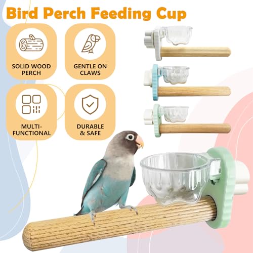 Kathson 3Pcs Bird Perch Feeding Cup Natural Wood Perches with Removable Bird Feeder for Cage Parrot Stand for Parakeets, Budgies, Cockatiels,Parrots, Birds Chewing Stick (Green) - color: Green