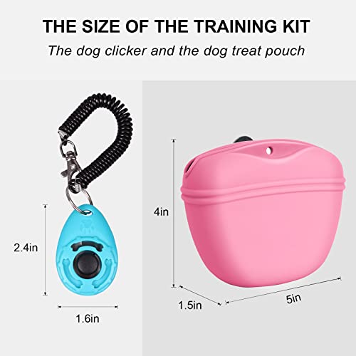 Left&Right Dog Clicker Training Kit,Silicone Dog Training Treat Pouch and Dog Clickers,Dog Treat Bag with Clicker Training for Dogs,Pet Treat Bag with Magnetic Buckle Closing and Waist Clip,Pink - color: Pink