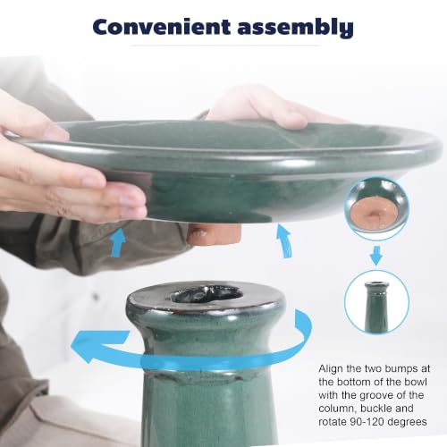 Ceramic Pedestal Bird Bath for Outside, 15 x 12 Inch, Green | Glazed Finish, Easy Twist-to-Lock Assembly - color: Green