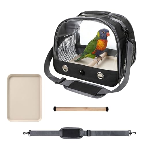 Small Bird Travel Carrier Cage Portable Bird Parrot Parakeet Cockatiel Travel Carrier Bag Lightweight Birds Backpack with Standing Perch and Stainless Tray for Vet Visit Side Access Window - color: black