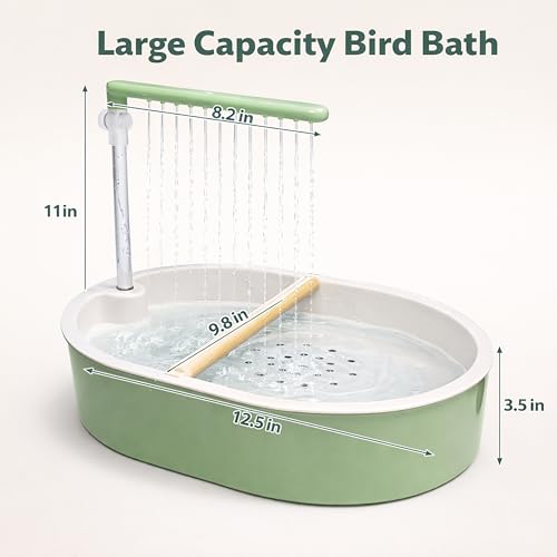 Indoor Bird Bath Fountain, Dual Rainfall Parrot Shower with Anti-Clog Pump & Filter Sponge, Adjustable Water Flow, Natural Beech Wood Perch, Bird Shower Spa for Parakeet, Cockatiel, Lovebird