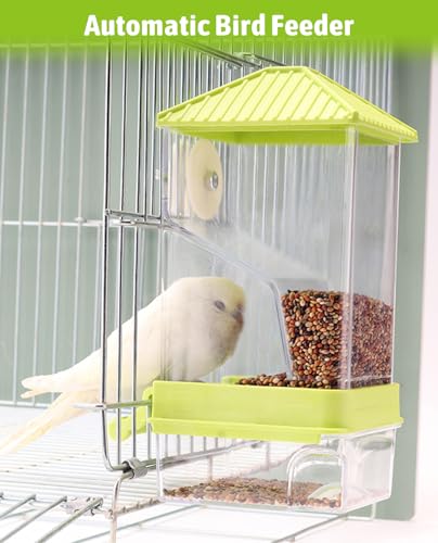 Hamiledyi Automatic Bird Feeder No Mess Bird Cage Feeder Seed Food Container with Perch Transparent Parrot Cage Accessories for Parakeets, Budgies, Cockatoos, Finches, Lovebirds, Canaries (Green) - color: Transparent Green + Perch