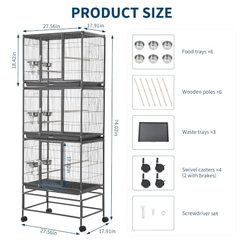 TrailBlaze Heavy Duty Carbon Steel Bird Cage - 74 Inch Stackable Aviary with 3 Dividable Compartments, Removable Trays, Spacious Flight Enclosure for Parakeets, Cockatiels, Conures, Finches - Silver - color: Black