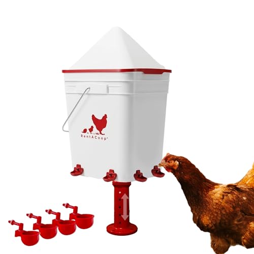 RentACoop 5 Gallon Chicken Waterer with 4 Auto-Fill Water Cups, 4 Horizontal Nipples, and Custom Adjustable Stand; BPA-Free; Large Capacity Poultry Waterer- Corner Placement