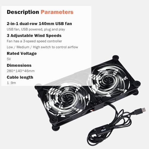 Quiet Dual 140mm Router Fan Cooler with L/M/H 3-Degree Speed Controller, DC 5V USB Powered Cooling Case Fan for Router Modem Receiver DVR PlayStation TV Box