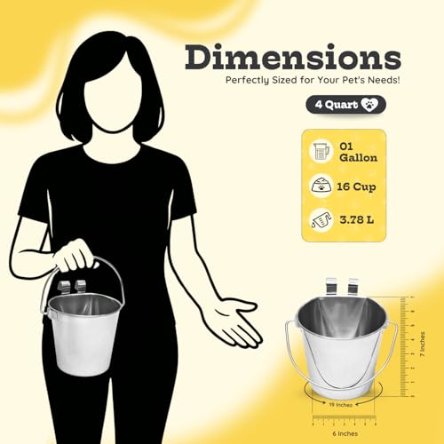 4 Quart Stainless Steel Flat Sided Bucket with Dual Hooks | 2 Pcs Durable Food & Water Bowl for Dogs Cats Goat & Livestock | Fits kennel Cage Critter Crate Hanging Pet Pail | Multipurpose - size: 4 Quart (Pack of 2)