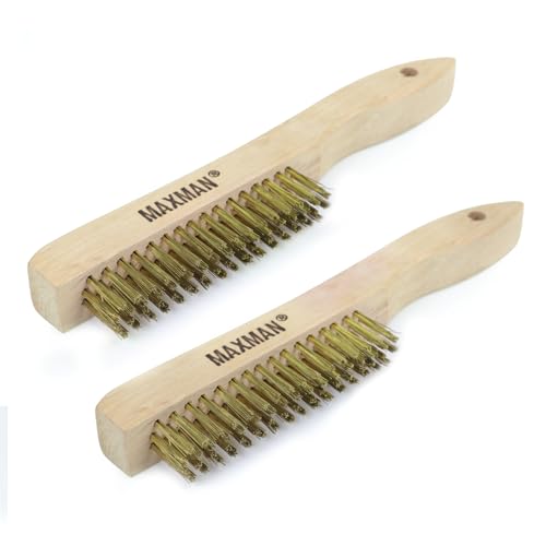 MAXMAN Brass Brush, Heavy Duty Brass Wire Brush Set 2Pcs, Metal Brush, Wire Brushes for Cleaning Rust with 10" Curved Beechwood Handle - style: 2Pcs Brass Brushes