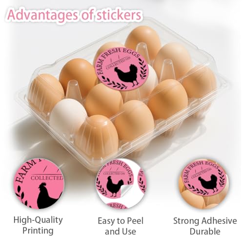 320 Pcs Farm Fresh Eggs Carton Labels, Pink Round Egg Handling Stickers Fresh Laid on Stickers PET Adhesive Egg Packaging Sticker for Box Container Carton Farm Supplies - color: Fresh Eggs Collected on