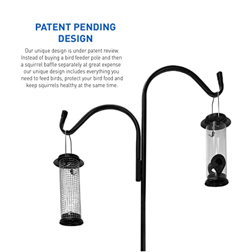Shepherd Hook Squirrel Proof 2 Bird Feeder � Wild Bird Station - Powder Coated 90in Steel Pole � Squirrel Baffle � 2 Feeders � 1 Squirrel Peanut Feeder - 5 Prong Base � PATENT PENDING - color: Pole Included Feeder Shepherd 2