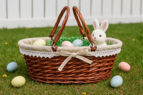 MEIEM Wicker Gift Baskets Empty Oval Willow Woven Picnic Cheap Easter Candy Storage Wine Basket with Handle Egg Gathering Wedding Basket (Brown) - color: Brown, size: Small