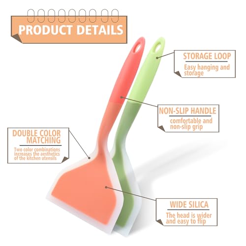 2Pcs Silica Gel Wok Spatula, Orange & Green, Style 2 | Wide Pancakes Spatula, Nonstick Heat-Resistant, Pancake Shovel with Short Handle, For Cooking, Baking and Stir-Fry - color: Orange & Green,Style 2
