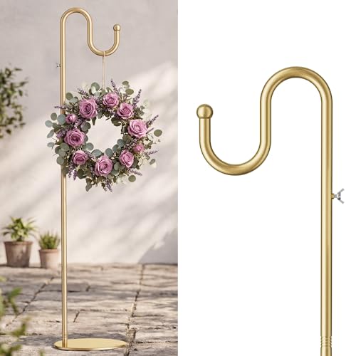 74" Shepherds Hook Stand: Hanging Bird Feeders, Wind Chimes, Plants, Gold | Heavy Duty, Free Standing, Adjustable Pole Holder with Metal Base for Indoor & Outdoor, Holds Up to 20 LBS - color: Gold