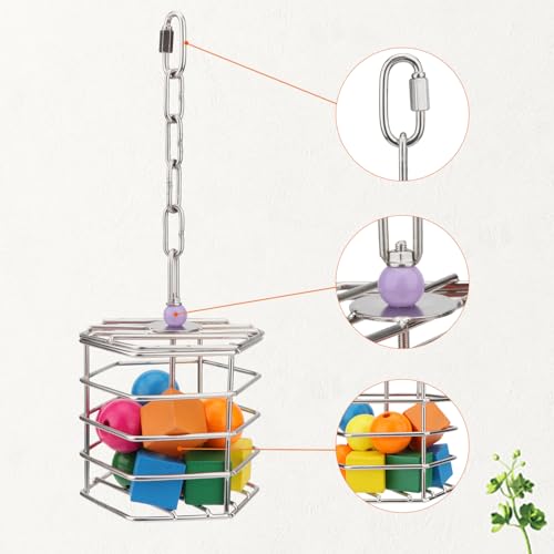 Hypeety Bird Foraging Toys Stainless Steel Foraging Basket Millet Holder for Bird Cage Unique Hanging Feeder for Macaws Cockatoos African Grey Cockatiel Conures Amazon Parrot(Feeder+Blocks) - size: Feeder+Blocks