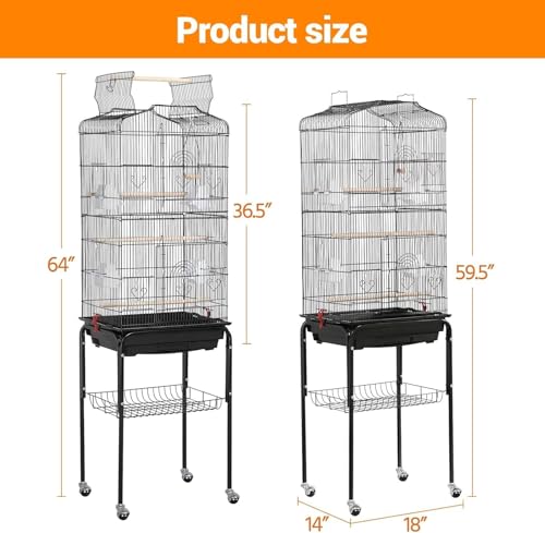 64 in Bird Cage, Parrot Cage, Parakeet Cage - Large Hanging Birdcage with Solid Iron Wrought Construction, Rolling Storage & Bird Stand, Flight Nest for Cockatiel, Budgie, Canary & Small Parrots - size: 18.0"L x 64.0"W x 14.0"H