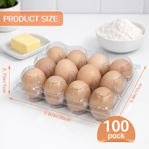 WIKDAY Plastic Egg Cartons 100 Pack 12 Count Cheap Bulk Clear | with Date Tracking Stickers Egg Care Instructions, Dozen Reusable Empty Egg Containers for Chicken Eggs Storage Farm Markets