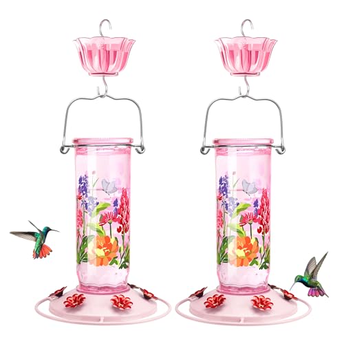 Kingsyard 2 Pack Hummingbird Feeders for Outdoor Hanging - Charming Patterned Glass Humming Bird Feeder with 6 Feeding Ports and Ant Moat, Ideal Gift Choice for Bird Lovers, Pink | Extra-Wide Mouth Bottle for Easy Cleaning, 6 Feeding Ports, Built-In Ant M