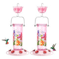 Kingsyard 2 Pack Hummingbird Feeders for Outdoor Hanging - Charming Patterned Glass Humming Bird Feeder with 6 Feeding Ports and Ant Moat, Ideal Gift Choice for Bird Lovers, Pink | Extra-Wide Mouth Bottle for Easy Cleaning, 6 Feeding Ports, Built-In Ant M