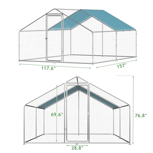 Chicken Coop Run, 13 x 10 x 6.4ft Metal Chicken Coop | Chicken Runs for Yard with Waterproof UV-Resistant Cover, Walk-in Outdoor Chicken Enclosure for Farm and Backyard - size: 157.0"L x 117.6"W x 76.8"H