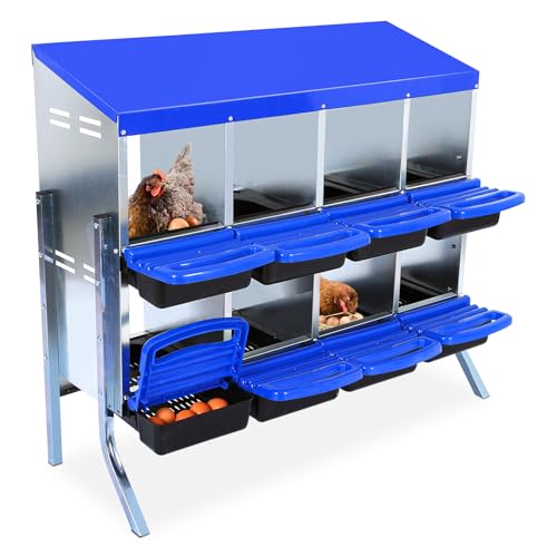 2-Tier Chicken Nesting Box, 8 Compartment Metal Nesting Box for Chickens with Waterproof Roof, Non-Slip Stable Base, Heavy Duty Chicken Laying Boxes for Hens, Poultry - color: Blue, size: 32.1"L x 16.9"W x 26.6"H