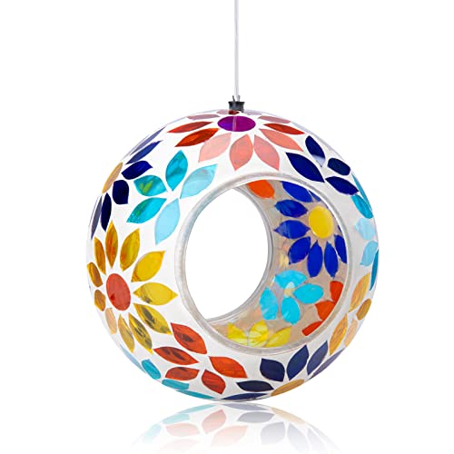 VCUTEKA Bird Feeders Fly Through Mosaic Hanging Birdfeeder for Garden Decor | 7 inch Mosaic Glass Bird Feeeder for Outdoors, Round Shape Glass Container to Attract Wild Birds for Backyard Porch Decor - color: Yellow