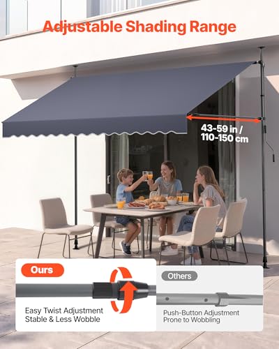 VEVOR Manual Retractable Awning, 118" x 59" Outdoor Patio Awnings Sunshade Shelter with 43"-59" Retractable Side Bar, No Drill Height Adjustable, Crank Handle for Backyard, Balcony, Dark Gray - size: 118x59 in