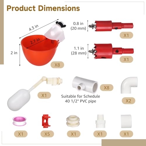 Automatic Chicken Waterer System - Complete PVC Pipelines Set with 8 Deep Drinking Cups, T Connectors, Float Valve, Automatic Pipe Feeder Poultry Watering Kit, Easy DIY Setup