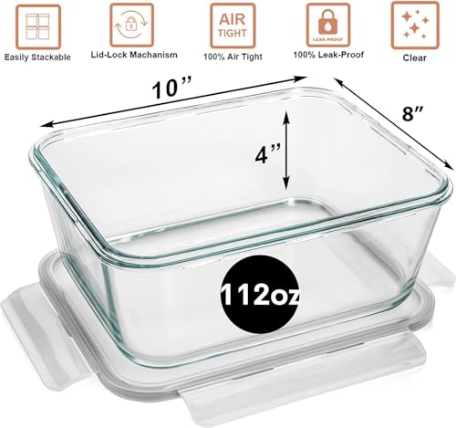 3300 ml/ 112 oz LARGE Glass Food Container with Locking Lid. Ideal for Storing food, vegetables or fruits. Baking Casserole, Lasagna, Baking Or Roasting chicken and lot of other tasty food. BPA Free - color: Gray