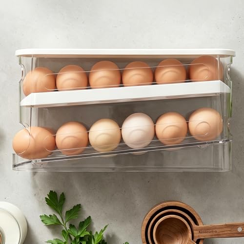 Auto-Rolling Egg Dispenser with Lid, Transparent, 1 Pack | Fridge Egg Organizer, Side-Door Slide Design, Stackable & Space-Saving, Easy Access, Holds 14–16 vs. Standard 12