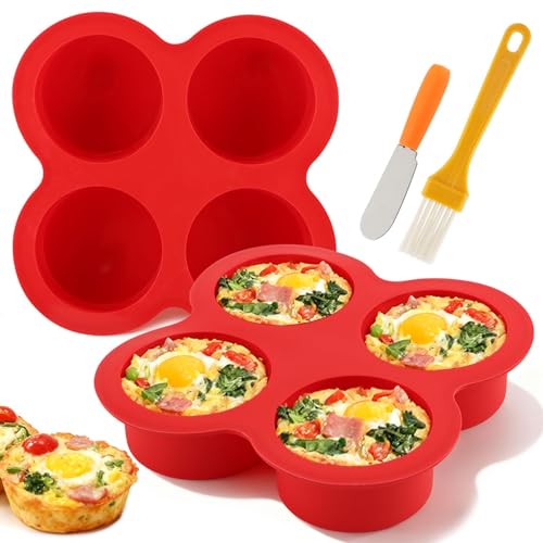 2 Pack Silicone Egg Bite Molds with 1 Spatula & 1 Brush, 4 Cups Silicone Air Fryer Baking Pan Non-Stick for Egg Bites, Cupcake, Tart, Frittata, Quiche, Muffins, Cornbread - color: Red