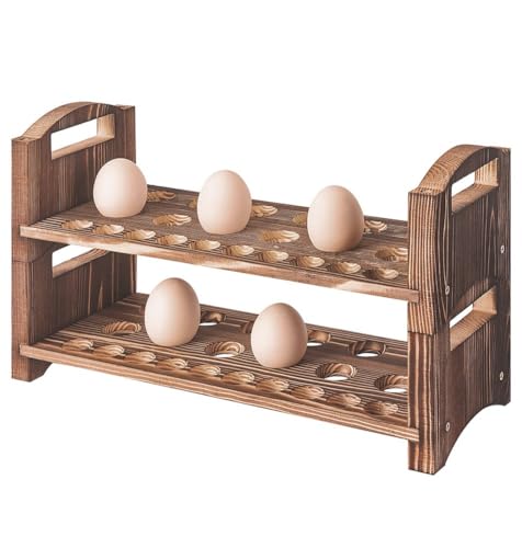 Wooden Egg Holder 2 Layer Rack Holders Countertop Stackable Quail Egg Sorter Storage Trays Organizer Display Stand Kitchen Rack Fits Duck, Turkey, Chicken Eggs,up to 36 Eggs, 2 Tier-Brown - size: 2-Tier