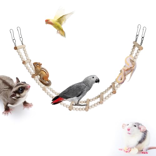 Long Bird Ladder with Wooden Rungs and Beads, Parakeet Climbing Swing Toys, Bird Cage Accessories, Wooden Climbing Bridge Toys for Parrots, Rat, Sugar Gliders, Squirrels, Snakes - size: 27.5×3.14 Inches