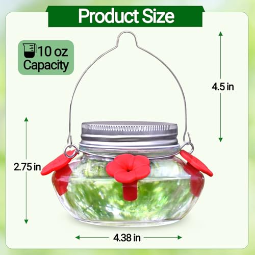 Hummingbird Feeders for Outdoors Hanging, Mason Jar Humming Bird Feeder | Glass Hummingbird Feeder for Outside with 4 Silicone Flower Feeding Ports, Top Fill Leak Proof Easy to Clean and Refill