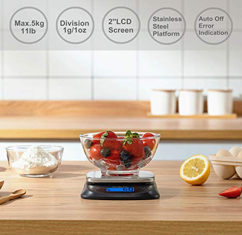 Kitchen Scales Digital Food Scale Cooking in Grams & Ounces Black | Stainless Steel, Max 11lb 1g Increment, Backlit LCD Screen, Baking Food Weight Scale for Sourdough Bread, Include Battery - color: Black