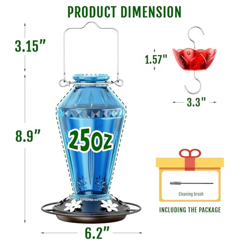 Birdream Hummingbird Feeders for Outdoors, 25oz Glass Hummingbird Feeder with Perch & 5 Bee Guard Feeding Ports, Leak Proof, Includes Ant Moat and Cleaning Brush, Gift for Women Mom, Blue - color: Blue
