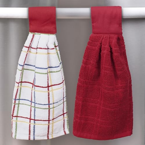 Ritz Premium 100% Cotton Solid and Multi Check Kitchen Tie Towel, Absorbent, Super Soft, and Fast Drying Hang Towel, Set of Two, Paprika Red - color: Paprika, size: Solid & Check, 2-Pk