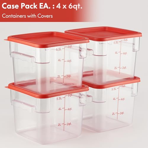 4 Pack Food Storage Container with Red Lid - NSF Commercial Grade in 6.0 Qt - Square, Clear, Polycarbonate - color: 6.0 Qt 4-Pack(Red Lids)