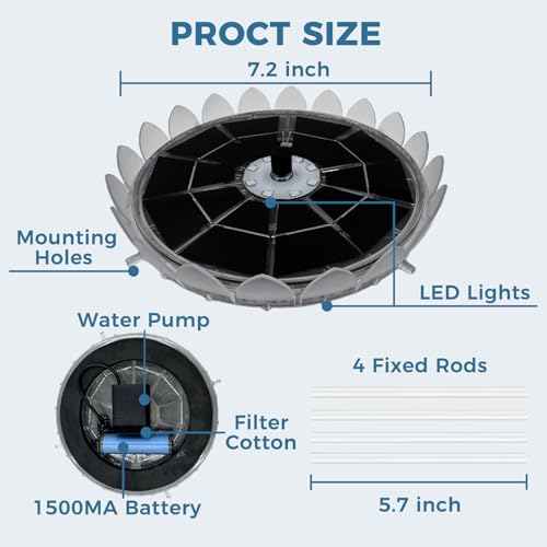 6.3" Solar Bird Bath Fountain, Lotus Design with LED Lights | 3.7V 1500mAh Battery, 23 LED Lights, 7 Color Modes, 5 Adjustable Nozzles, 50-55cm Lift Height, Anti-Floating Poles