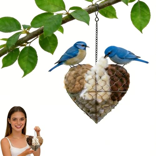 Heart Bird Nesting Material Holder, Natural Alpaca Fiber, 7.1 Inch | Heart-shaped refillable holder with untreated alpaca fiber, open wire frame and hanging chain for outdoor nesting season