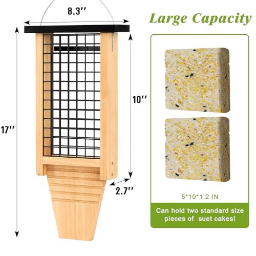 Gbekery Wooden Suet Bird Feeder for Outside Hanging, Large Woodpecker Suet Feeder with Tail Prop, Double Suet Cakes Hanging Bird Feeder for Wild Birds, 1 Pack, Black - color: Black Double Capacity