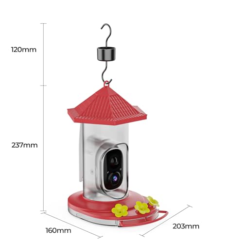 Smart Hummingbird Feeder with Camera, Wireless Bird Feeders | Solar Powered, AI Recognition, Instant Notifications, Feeder for Outdoor, Ideal Gift for Bird Lovers - color: Red