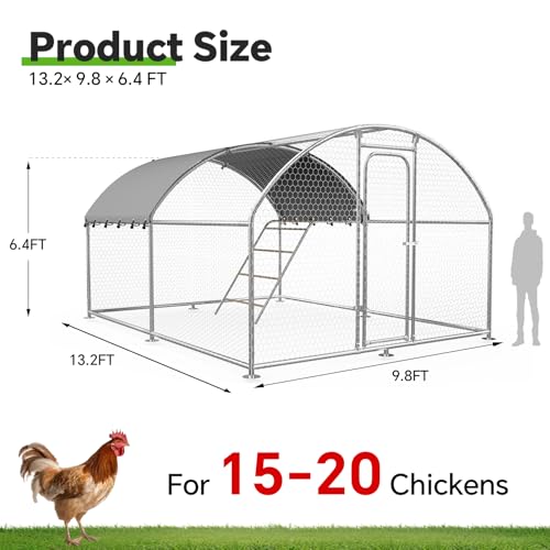 10 x 13.2 x 6.4 FT Metal Chicken Coop, Chicken Run with Cover | Walk-in Chicken Coop, Waterproof Cover, Side Hardware Cloth, Roosting Perch, reinforced frame, Backyard & Farm Use - size: 13.1x10.1Ft